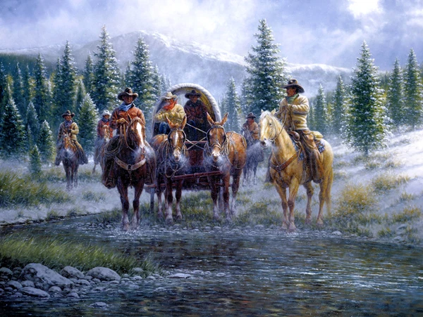 HD Giclee Print Oil painting Picture Western Cowboys walking in snow on canvas