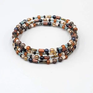 Glass Bead Shell Bracelet Brown Black Memory Wire - Picture 1 of 9