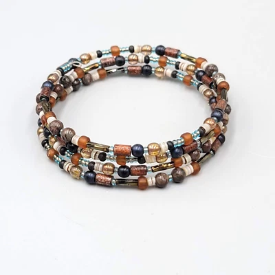 Glass Bead Shell Bracelet Brown Black Memory Wire - Image 1 of 4