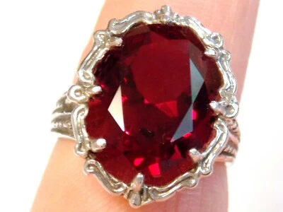 12ct Red Lab Ruby Size 7.5 Ring 925 Sterling Silver Filigree Vint Style USA Made - Image 1 of 4