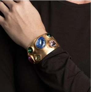 KENNETH JAY LANE, GOLD SATIN CUFF WITH MULTI PASTELS GEM STONES COLOR CRYSTAL... - Picture 1 of 12