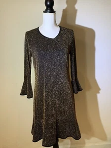Michael Kors Womens Black/Gold Pinstripe Long Sleeve Crew Neck Above the Knee - Picture 1 of 3