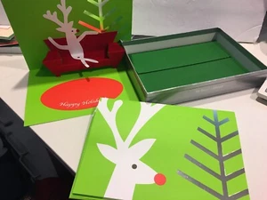 4 christmas holiday cards & Envelopes moma pop up reindeer couch modern art 5x7 - Picture 1 of 4