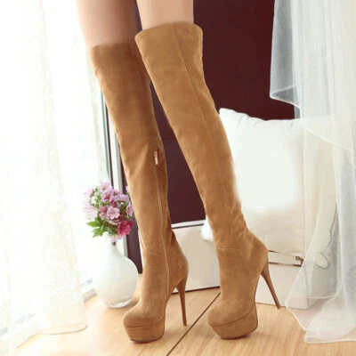 Mujeres Stiletto Tacones Altos Plataforma Elastizada Muslo Botas Sobre la Rodilla Botas Foto 1 de 4