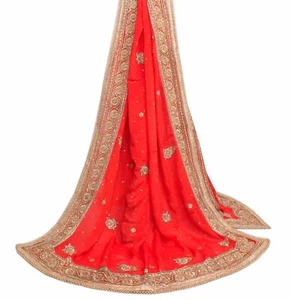 Sushila Vintage Red Heavy Dupatta Pure Silk Glass Beads Stone Work Wedding Stole - Picture 1 of 10
