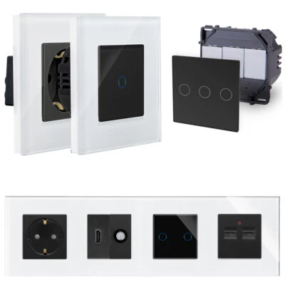 Touch Lichtschalter Steckdose Wechselschalter Glas Weiß Schwarz Luxus-Time - Bild 1 von 4