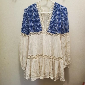 Free People Mini Boho Embroidered Women's Deep V Dress Bell sleeve Sz 4 - Picture 1 of 9