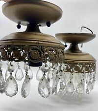 TWO vintage antique brass gold crystal pendant ceiling light flush mount fixture