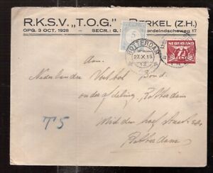 Netherlands  1941/2  T.O.G.  BERKEL ZH FOOTBALL soccer CLUB postage due cover