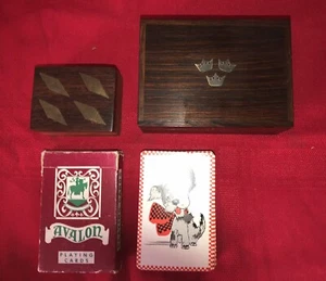 LOT 2 WOODEN TRINKET BOXES BRASS INLAY 1HOLDS VTG DOGGIE PLAYING CARDS DESK ACCE - Picture 1 of 12
