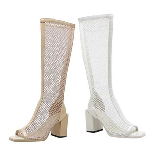 Botas hasta la rodilla de verano con punta abierta de tacón bloque gótico occidental para mujer L - Imagen 1 de 18