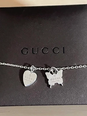 GUCCI Heart  Butterfly Pendant Necklace Sterling Silver W/Box Japan F/S NM - Image 1 of 4