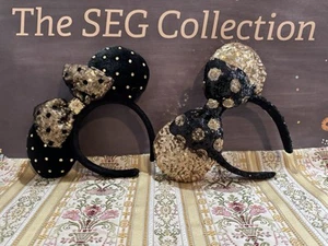 Disney Parks Black Jeweled Studded Gold Sequins Minnie Mouse Ears Headband LOT - Picture 1 of 14