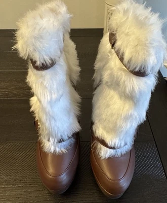 New Womens Faux Leather Faux Fur Mid Calf High Heel Boots Brown 10M - Image 1 of 4