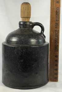 Early Albany Slip Brown Glazed Stoneware Jug w/ Handle Wooden Stopper USA c1900 - Picture 1 of 16