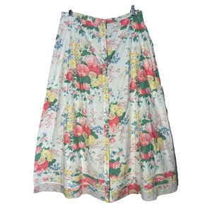 Lauren Ralph Lauren Midi Skirt Womens 14 Pink Floral Cotton Pearl Button Lined - Picture 1 of 8