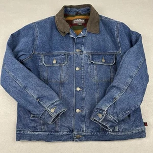 Woolrich Jean Jacket Men Large Blue Button Leather Collar Denim Trucker Lining - Picture 1 of 9