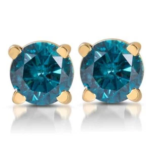 1/3ct Treated Blue Diamond Studs 14 Karat Yellow Gold - Picture 1 of 4