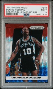 2013-14 Panini Prizm PSA 9 POP 2 Red White Blue Pulsar Prizms Dennis Rodman 64