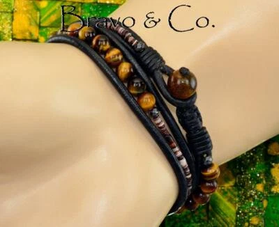 Genuine Tigers Eye, Shell & Leather Double Wrap Armband Men Bracelet 2B-553 - Image 1 of 4