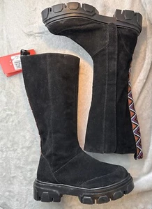 Farm Rio Anthro Tall Long Black Suede Boots Womens Sz 7.5 Embroidered Aztec Fall - Picture 1 of 12