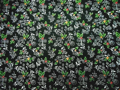 Christmas Fabric By Half-Yard Holly Berries Metallic Silver on Black Cotton 36 C - Image 1 of 2