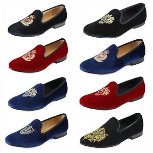 Men Slip on Red Velvet Loafers Smoking Slippers Flats Formal Dress Wedding Shoes