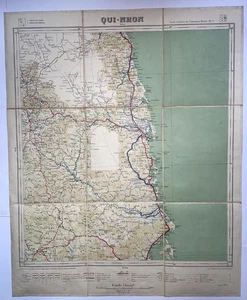 QUI-NHON Bình Định Province INDOCHINA 1938 ORIGINAL ROAD WALL MAP ON LINEN - Picture 1 of 12