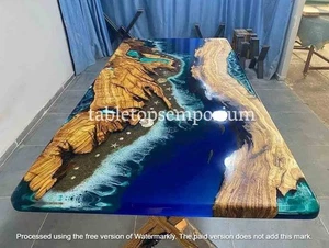 Walnut Acacia Wood Epoxy Ocean Resin Top Table with Wood Stand & River Furniture - Picture 1 of 14
