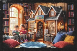 Children Chrome Postcard Enchanting Library Two Immersed Books Child-Sized - Picture 1 of 2