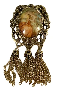 Vintage Brooch Portrait Gold Tone with Chain Tassels 2 Ladies - Picture 1 of 7