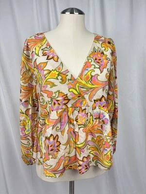 J. Blusa Floral Manga Larga Cuello en V Rosa Naranja Amarillo Algodón Seda Talla S Foto 1 de 4