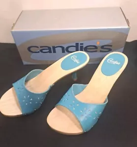 Candie's Vintage 1980's Style Sandals Low 2" Heel Slides Turquoise Size 7 W/Box - Picture 1 of 4