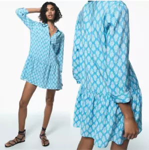 ZARA blau/weiß Print kurz Rüschensaum Babydoll Kleid Boho Gr. M - Bild 1 von 12