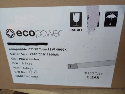 Ecopower LED T8 18Watt Tube Lights 4000k Clear MT-T8-418WNWV4L4 Box of 16 - Image 1 of 4