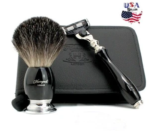 LUXURY TRAVEL SHAVING SET BADGER HAIR BRUSH WITH RAZOR FREE LEATHER CASE - Picture 1 of 7