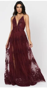 Lady Black Tie M Wine Red Maxi Formal Gown Dress Slit Straps Racer Open Back - Picture 1 of 18