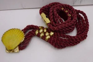 Vintage 80's satin rope belt brass/Sea Shell trimmed gold Buckle MIB - Picture 1 of 6