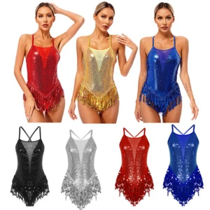 Women Sparkle Sequins Tassel Latin Jazz Dance Leotard Bodysuit Dancewear Costume - Picture 1 of 65