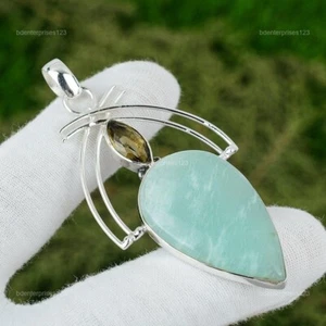 Amazonite Gemstone Smoky Quartz 925 Sterling Silver Handcrafted Pendant Jewelry - Picture 1 of 7