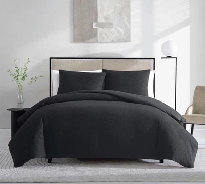 Vera Wang Juego de Edredón-Sham 110" x 96" Waffle Piqué 3 Piezas King Negro Algodón Foto 1 de 4