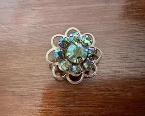 Vintage Brosche Anstecknadel goldfarben blau AB Aurora Borealis Strass - Bild 1 von 3