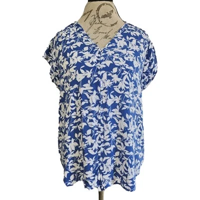 Liz Claiborne Blue Floral Button Front Cap Sleeve Shirt Size XXL Beach Resort - Image 1 of 4