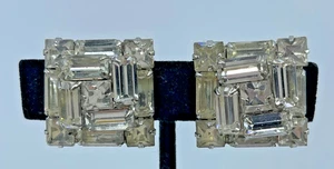 Raro Hermoso Pendientes de Clip Vintage Años 50 Corte Esmeralda Transparente Estrás - Imagen 1 de 15