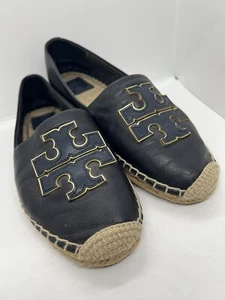 Tory Burch -Eleanor Perforated Black/Tan Leather Woven Espadrille Flats Size 9.5 - Picture 1 of 8