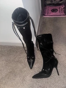 Women's Stiletto Black Knee High Boots Sexy Pointed Toe Boot Fashion Trendy High - Picture 1 of 6