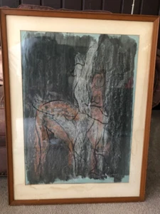 Bellissimo quadro a guazzo metà secolo. 3 nudi donna. Molto insolito. Ast firmato - Foto 1 di 12