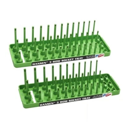 HANSEN GLOBAL Hansen 1/4" Socket Tray Organizer Holder Set 3 Row Metric SAE Shallow Deep Green