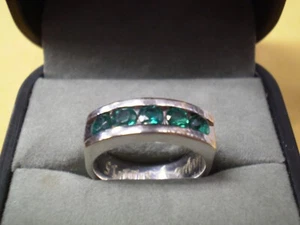 14K White Gold Ladies Men's 5 Emerald Row Band Ring       6.8 Grams - Picture 1 of 5