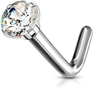 Solid Titanium L Bend Nose Stud with Prong Set Gem (18G | 3mm)|Solid Titanium L - Picture 1 of 6